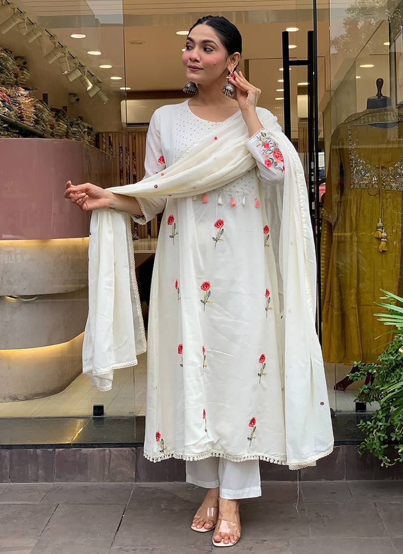 Chanderi silk embroidered white color suit