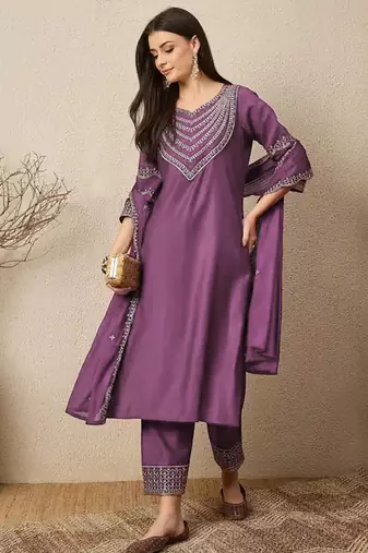 Dark lilac roman silk embroidered suit