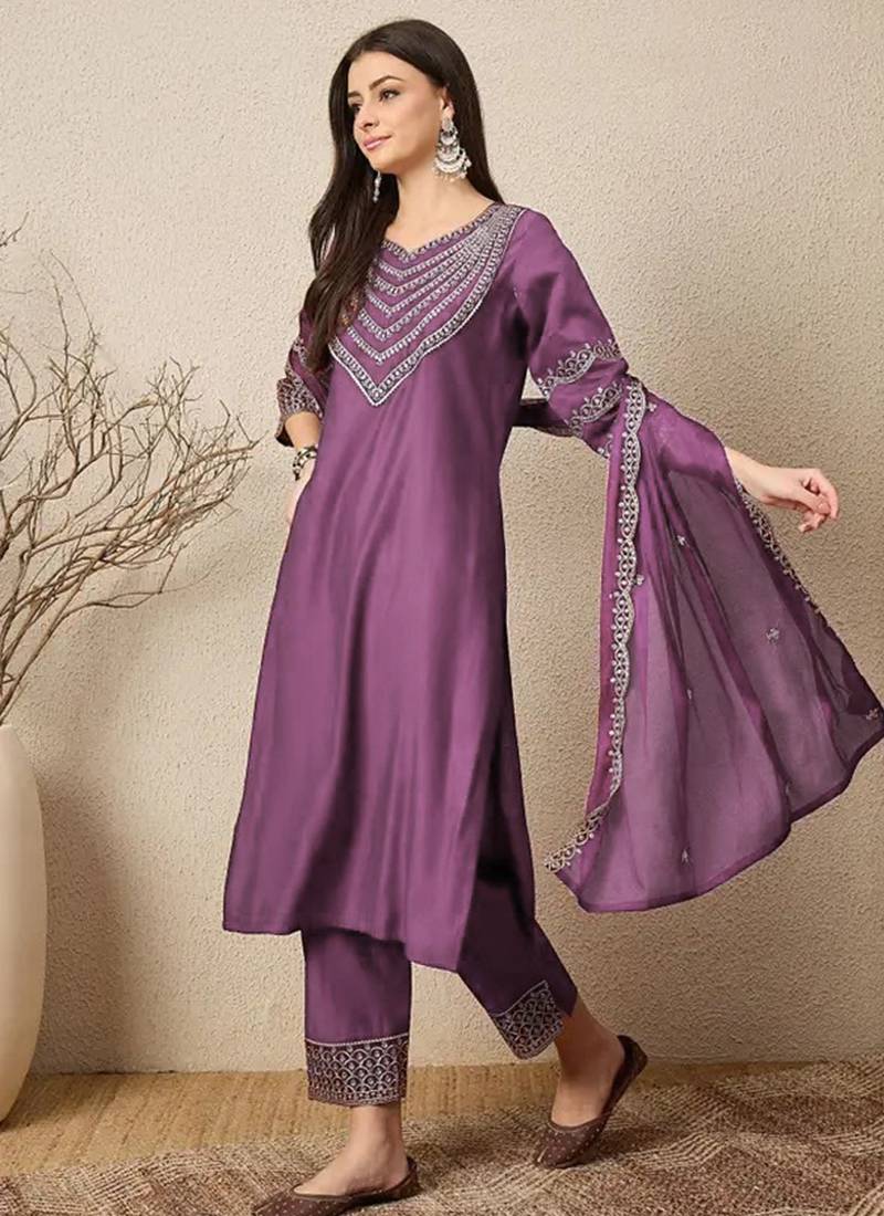 Dark lilac roman silk embroidered suit