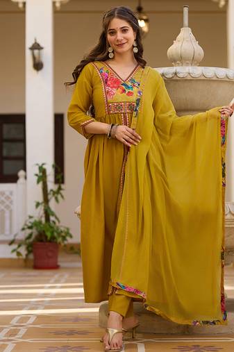 Mustard embroidered silk blend a line suit