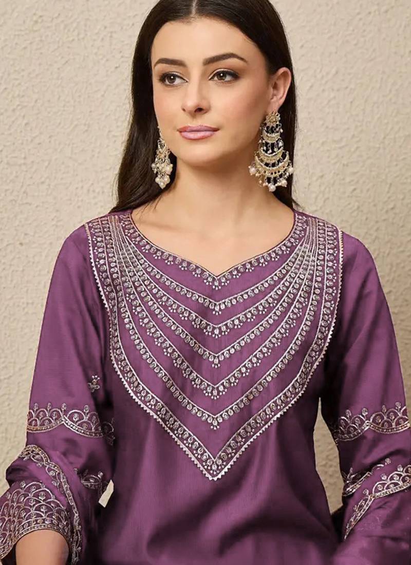 Dark lilac roman silk embroidered suit