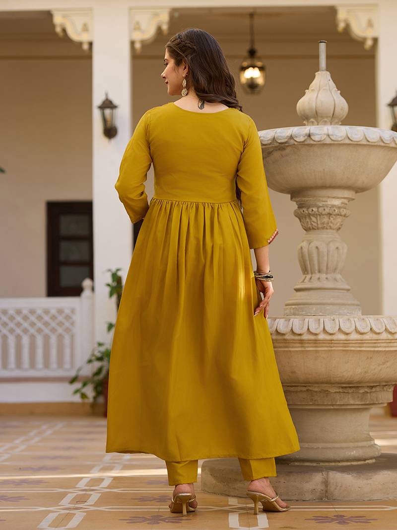 Mustard embroidered silk blend a line suit