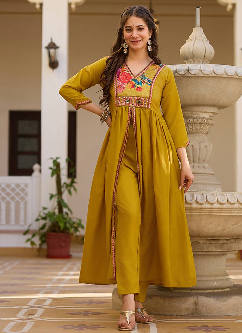 Mustard embroidered silk blend a line suit