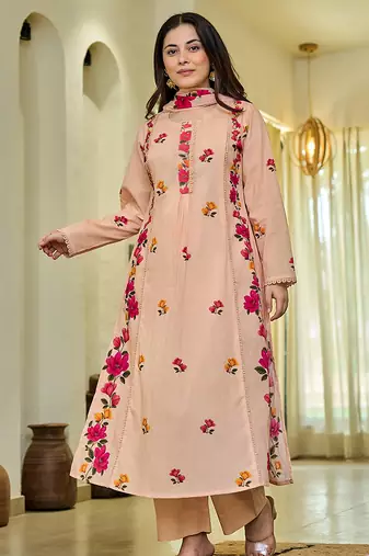 Peach cotton blend printed anarkali suit
