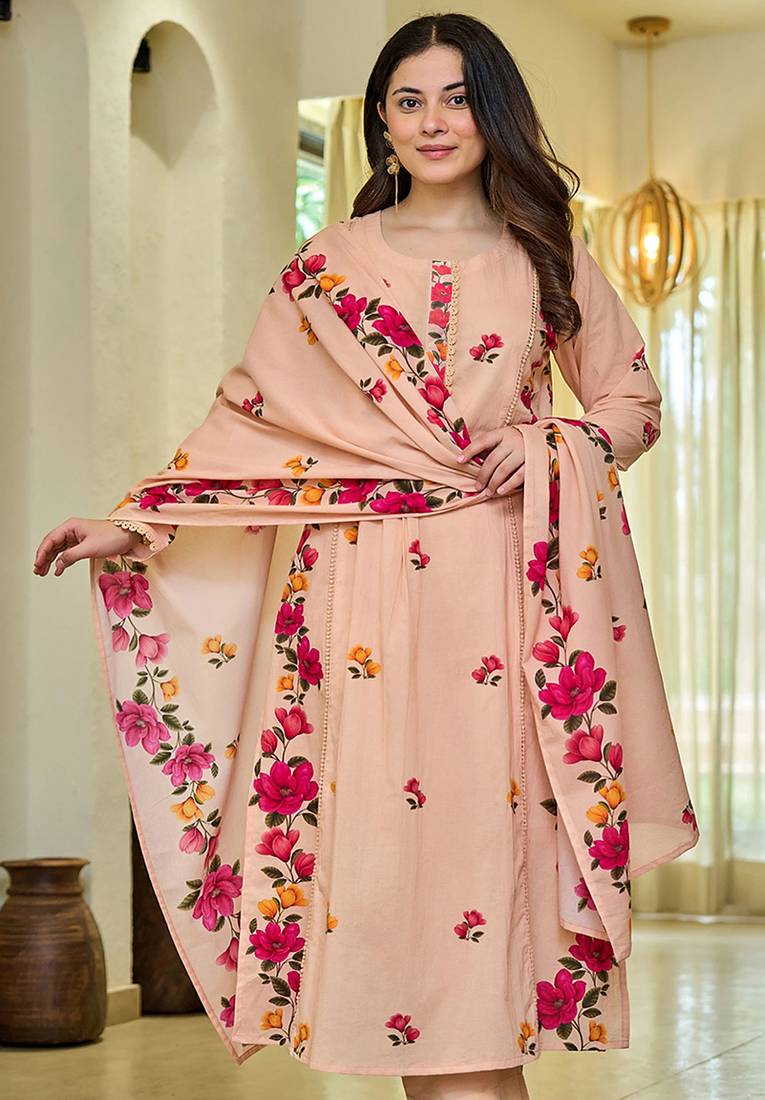 Peach cotton blend printed anarkali suit