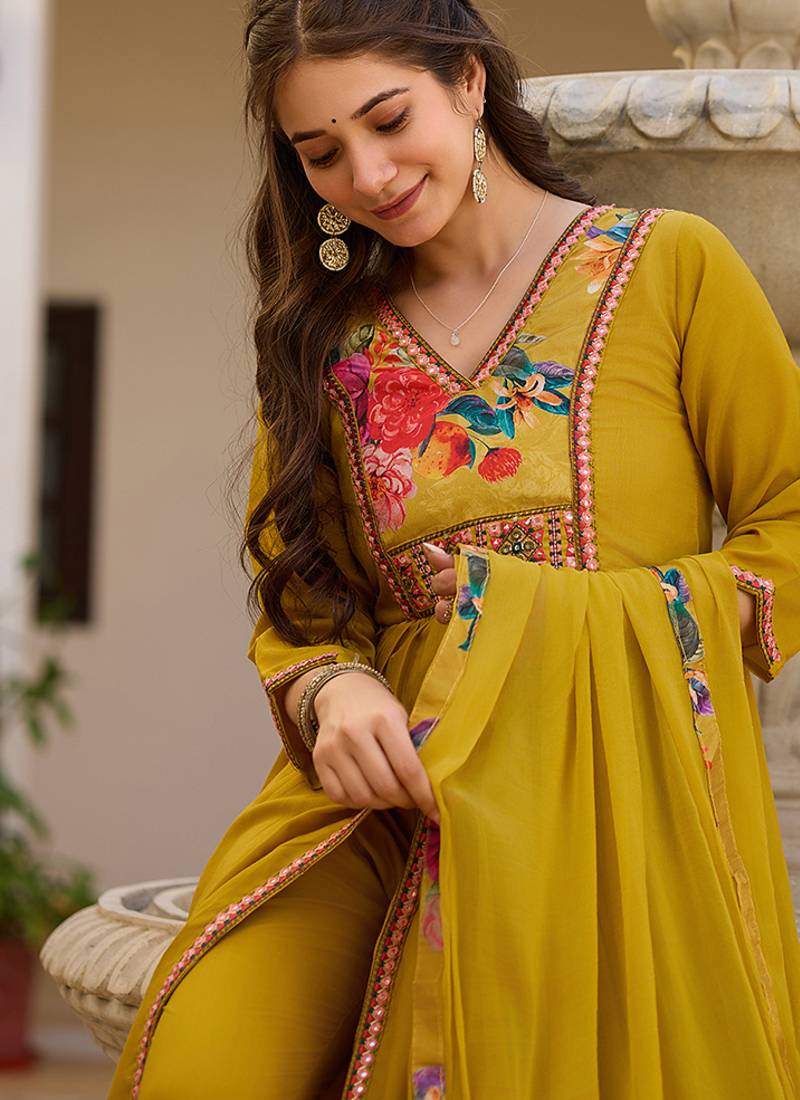 Mustard embroidered silk blend a line suit