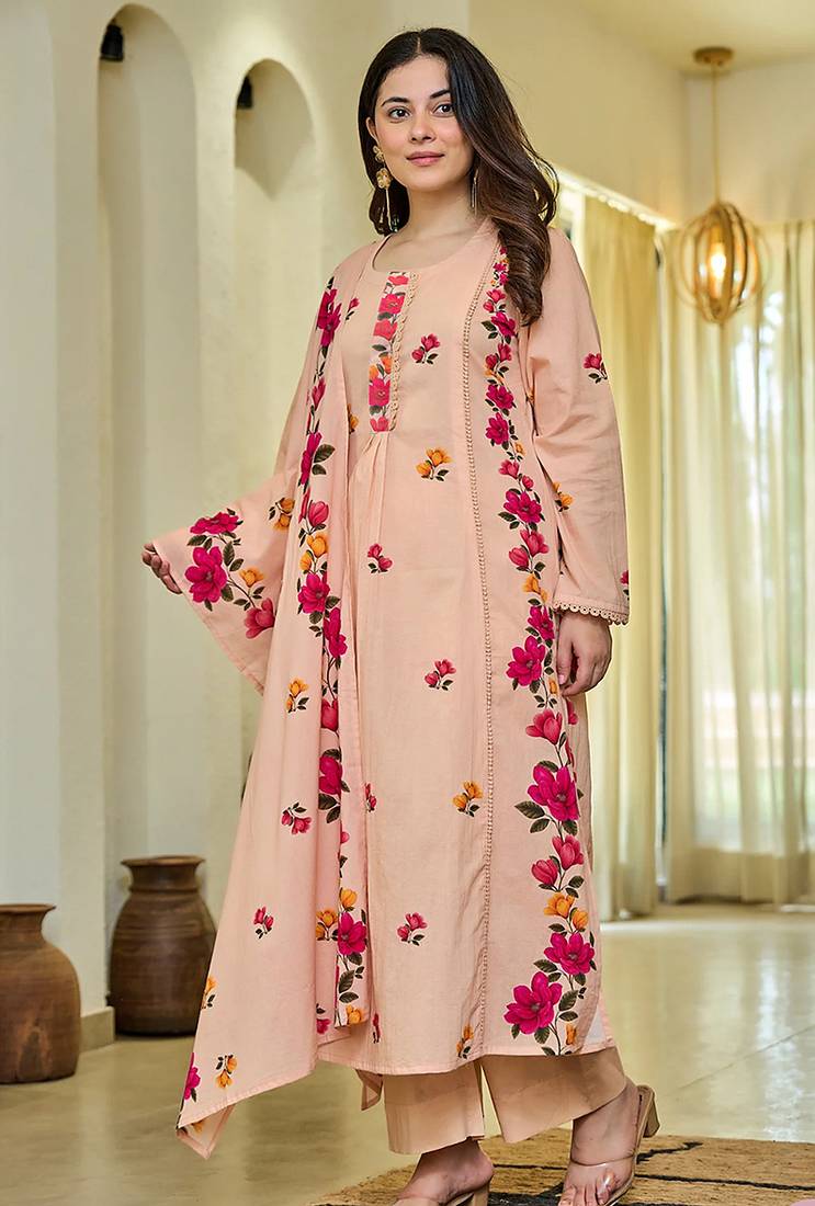 Peach cotton blend printed anarkali suit