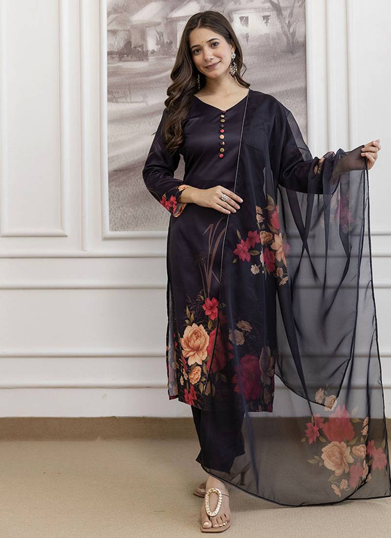 Assam silk black digital print kurta set