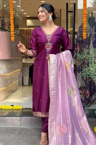 Chanderi dark magenta embroidered salwar suit