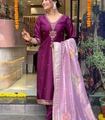 Chanderi dark magenta embroidered salwar suit