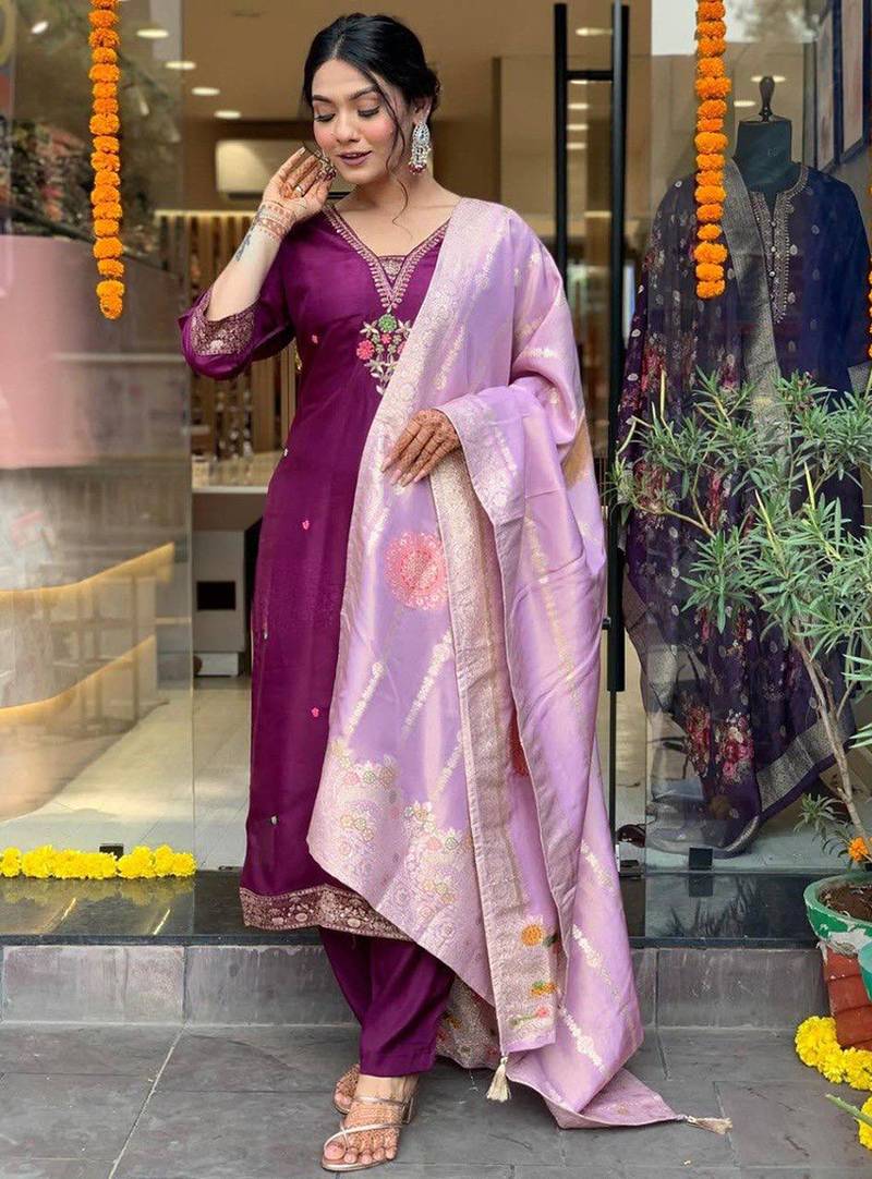 Chanderi dark magenta embroidered salwar suit