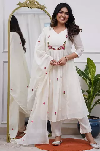 Chanderi silk white embroidered salwar suit