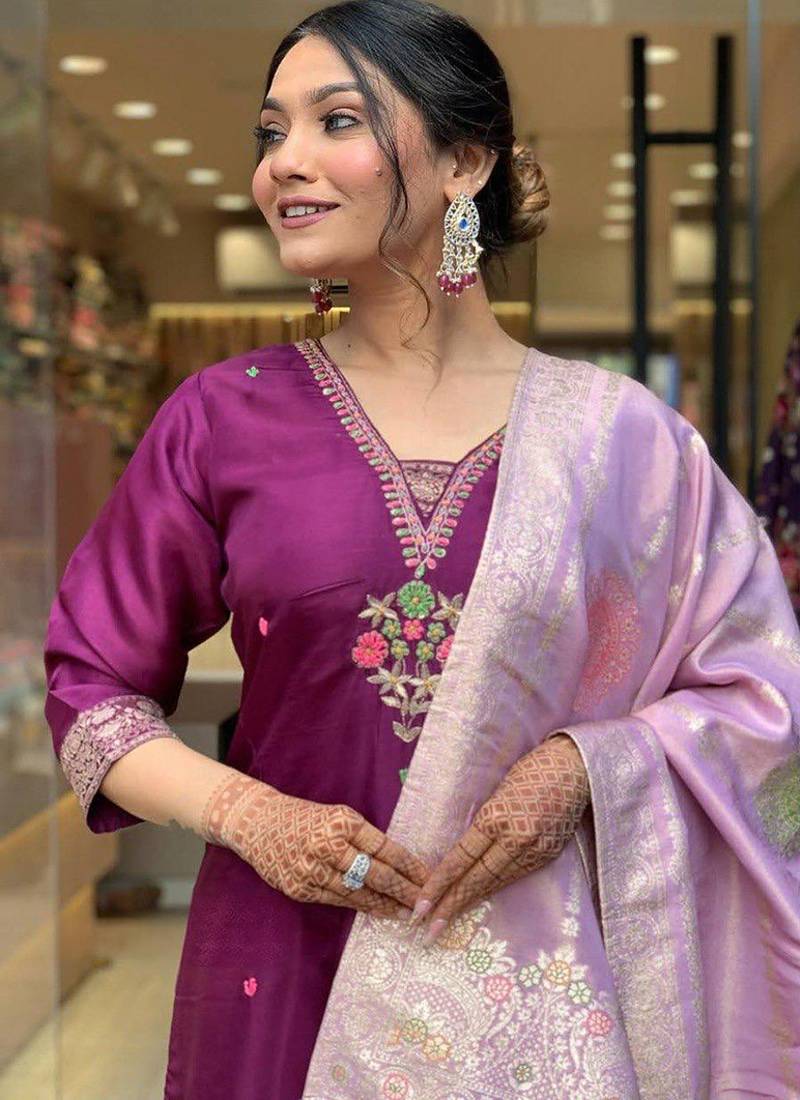 Chanderi dark magenta embroidered salwar suit