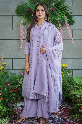 Lavender muslin cotton embroidered kurta set