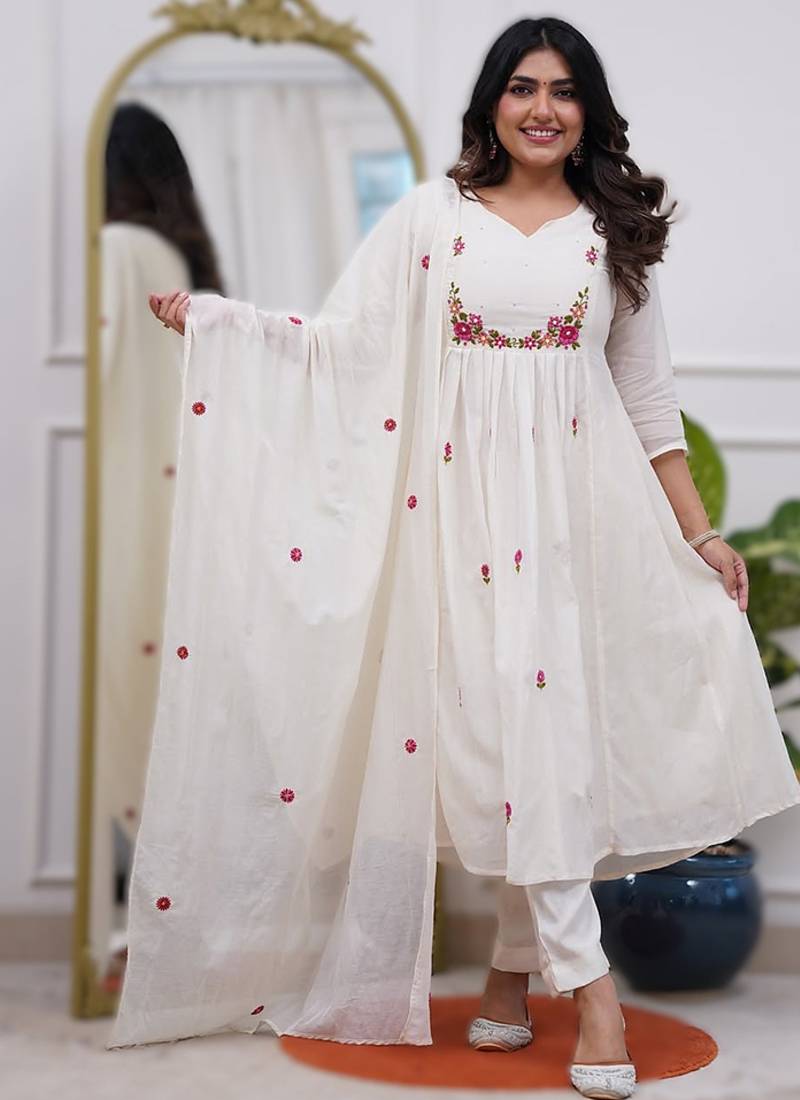 Chanderi silk white embroidered salwar suit