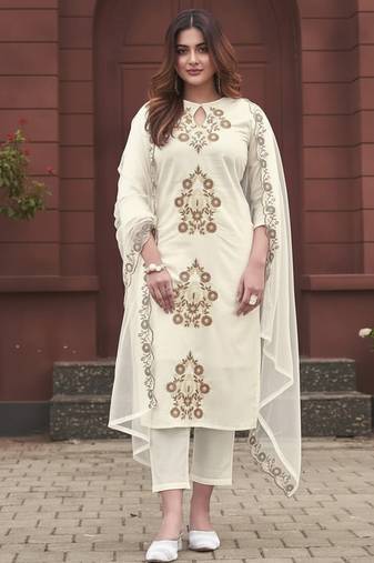 Off white viscose rayon embroidered straight suit