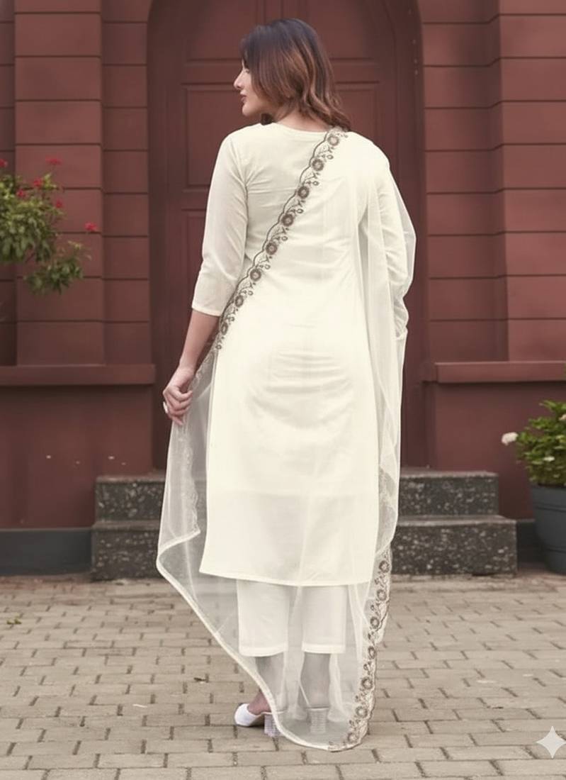 Off white viscose rayon embroidered straight suit