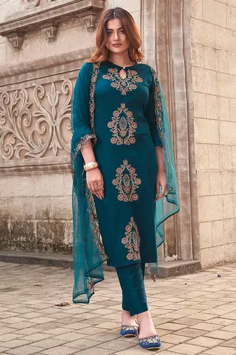 Teal viscose rayon embroidered straight suit