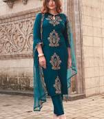 Teal viscose rayon embroidered straight suit