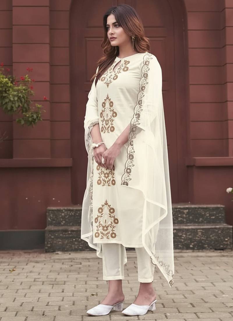 Off white viscose rayon embroidered straight suit