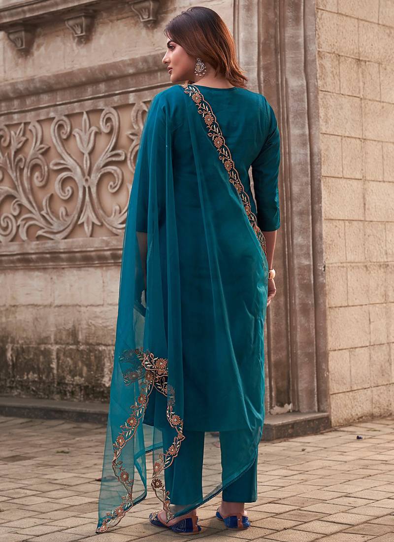 Teal viscose rayon embroidered straight suit