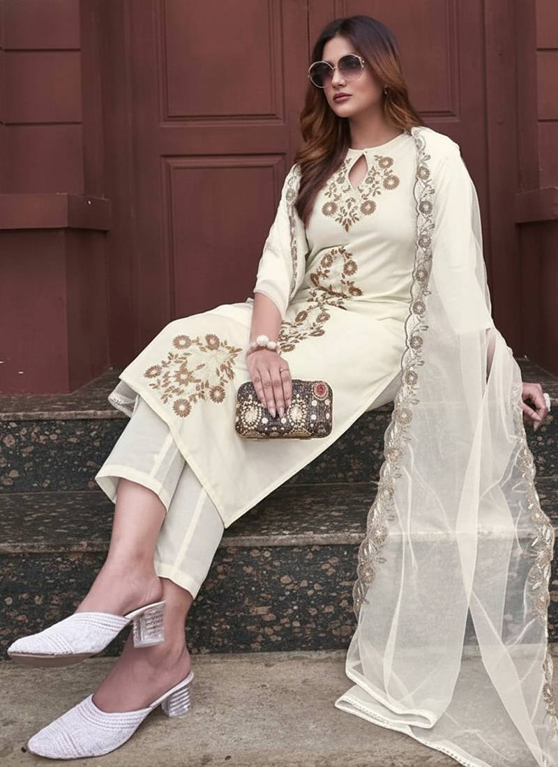 Off white viscose rayon embroidered straight suit