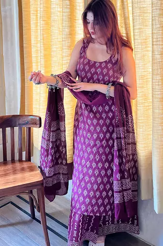 Rayon printed palazzo suit in purple