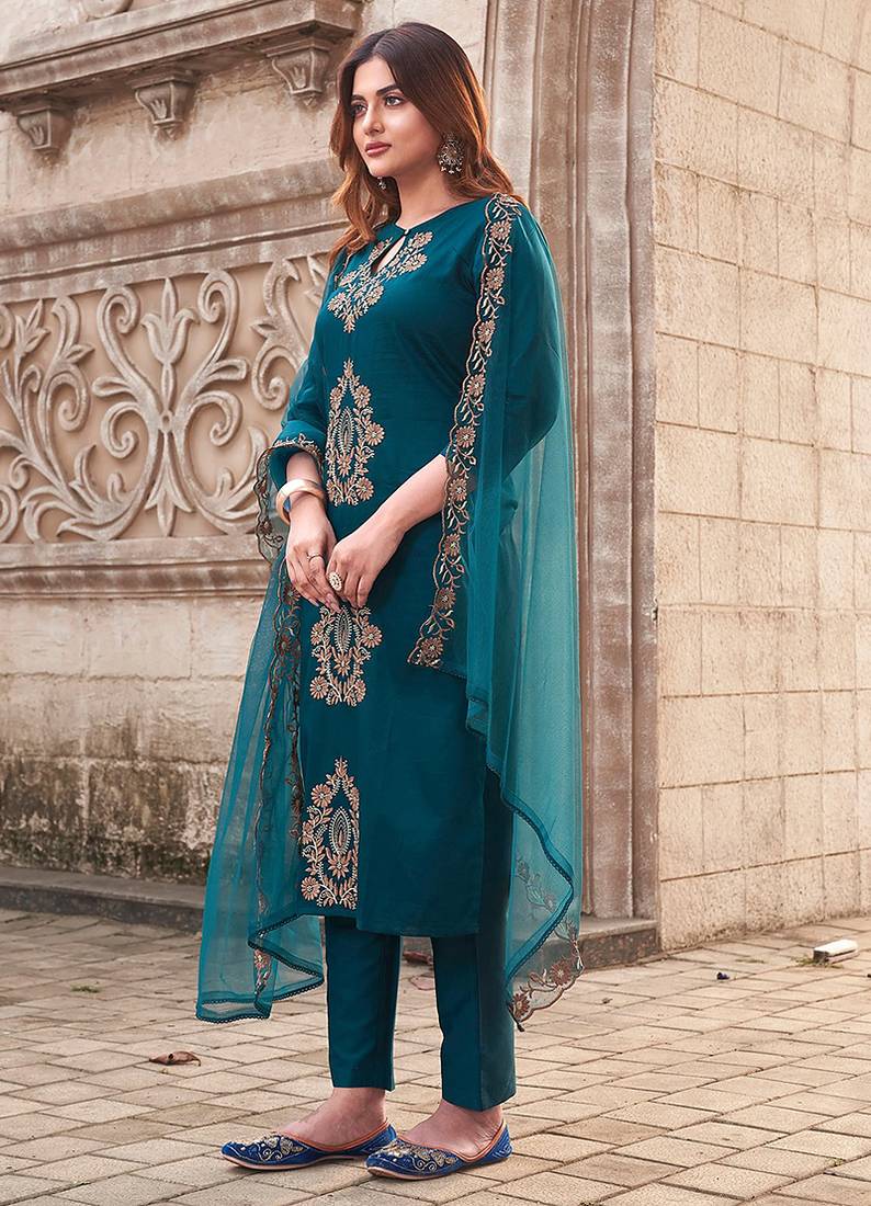 Teal viscose rayon embroidered straight suit