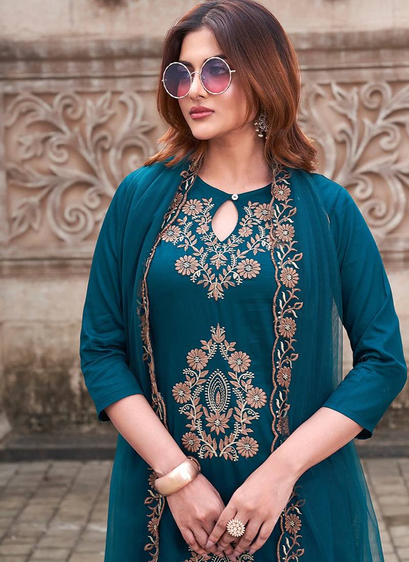 Teal viscose rayon embroidered straight suit