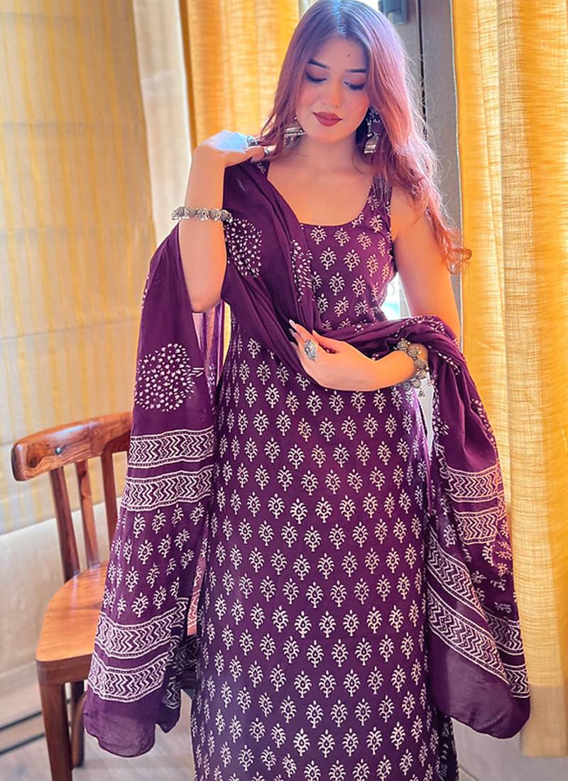 Rayon printed palazzo suit in purple