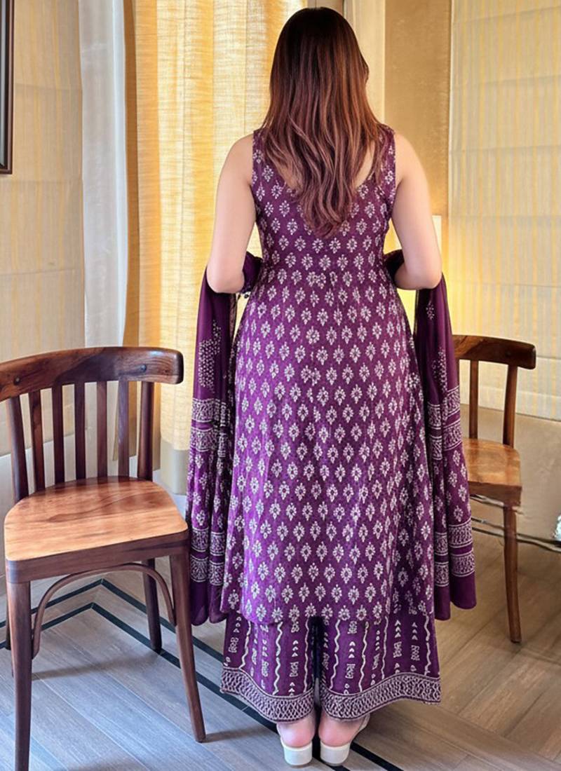 Rayon printed palazzo suit in purple