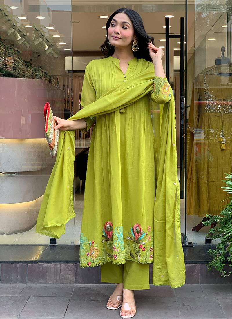 Light green chanderi silk embroidered anarkali suit