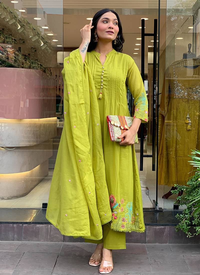 Light green chanderi silk embroidered anarkali suit