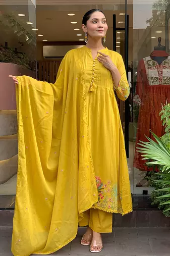 Mustard chanderi silk embroidered anarkali suit
