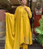 Mustard chanderi silk embroidered anarkali suit