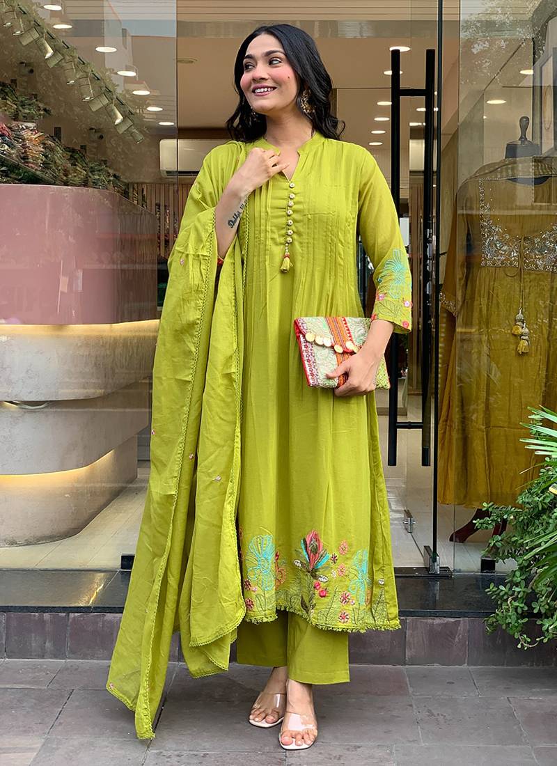 Light green chanderi silk embroidered anarkali suit