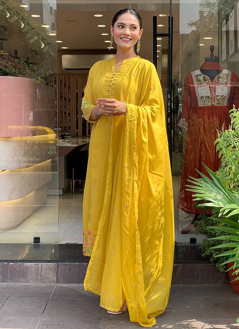 Mustard chanderi silk embroidered anarkali suit