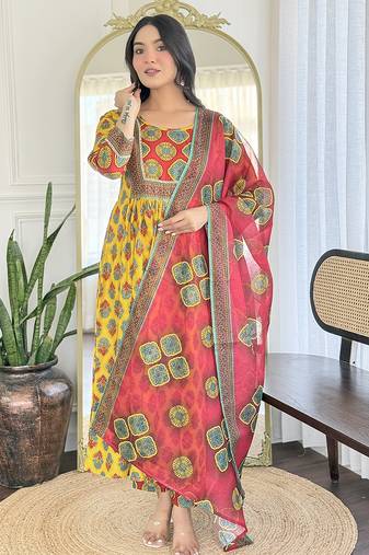 Yellow rayon printed salwar kameez