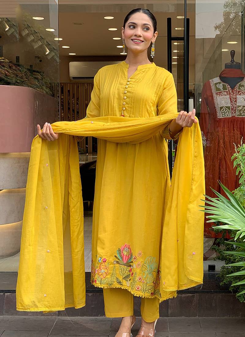 Mustard chanderi silk embroidered anarkali suit