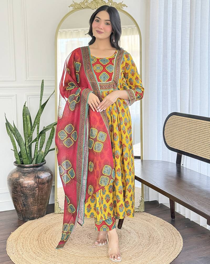 Yellow rayon printed salwar kameez