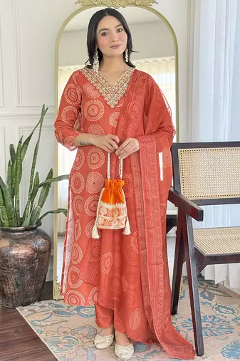 Rayon printed salwar kameez in orange