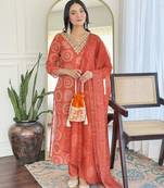 Rayon printed salwar kameez in orange