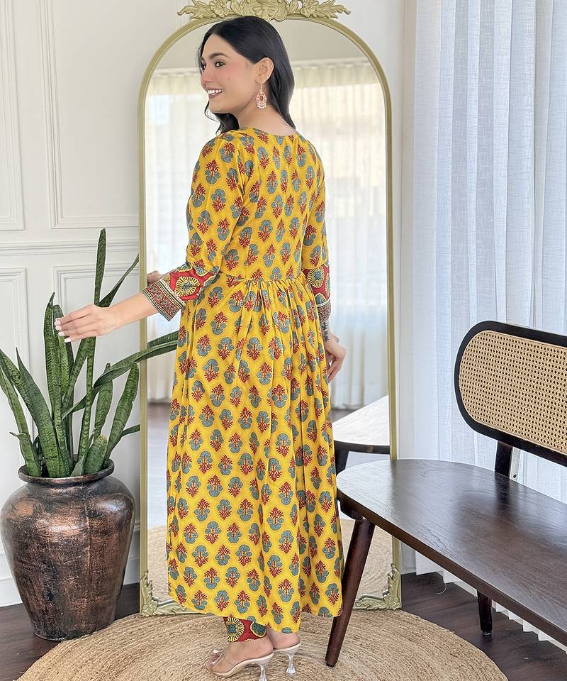 Yellow rayon printed salwar kameez