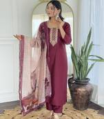 Rayon embroidered salwar kameez in magenta