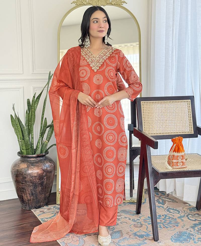 Rayon printed salwar kameez in orange