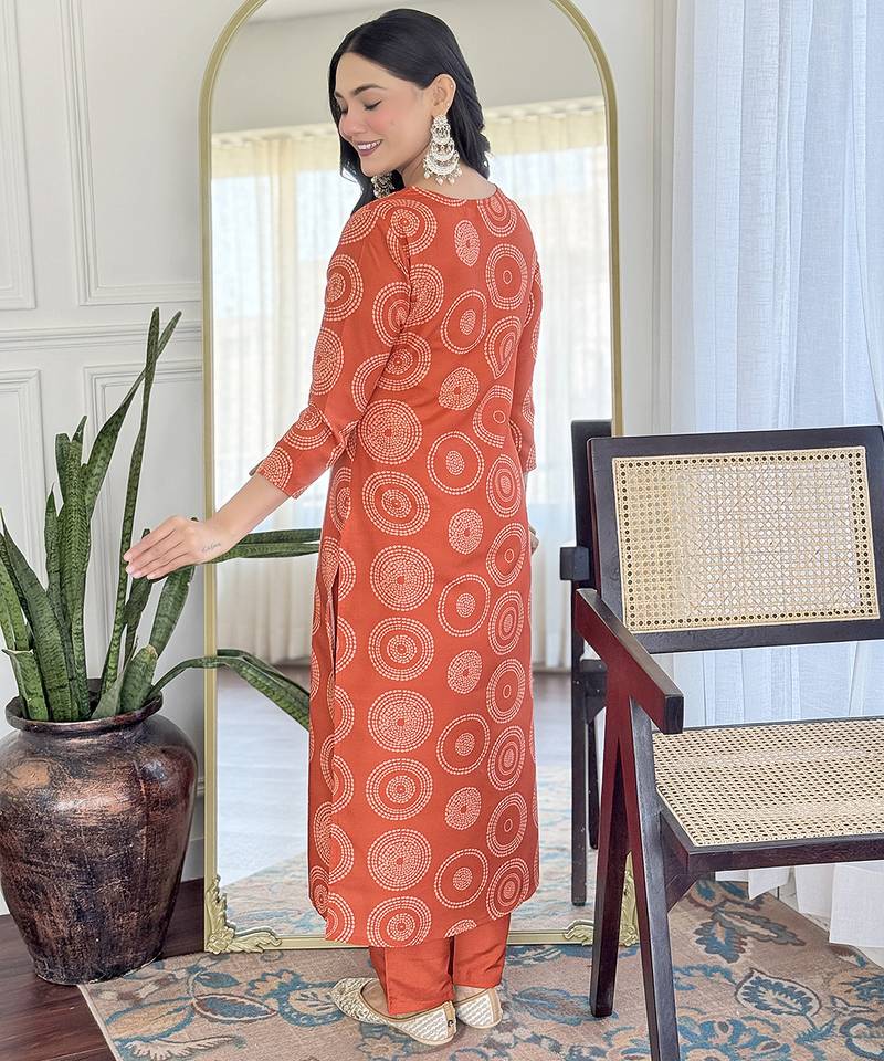 Rayon printed salwar kameez in orange