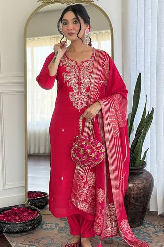 Hot pink color roman silk embroidered suit