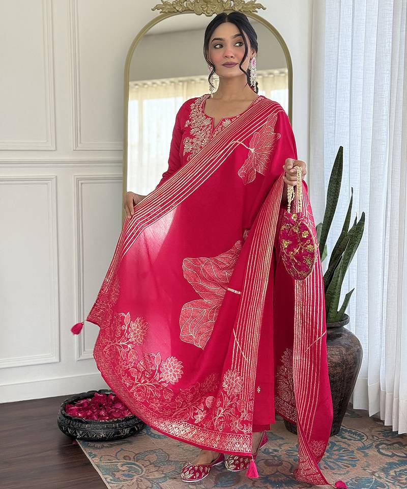 Hot pink color roman silk embroidered suit