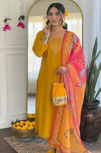 Mustard color chanderi silk embroidered suit