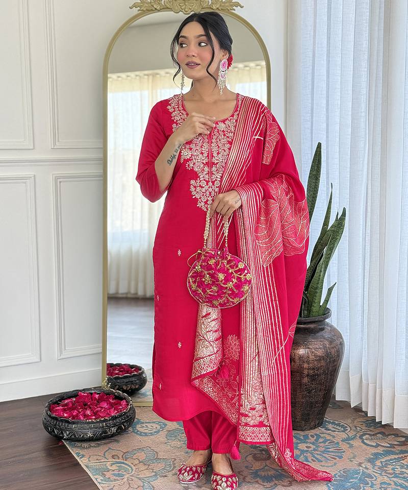 Hot pink color roman silk embroidered suit